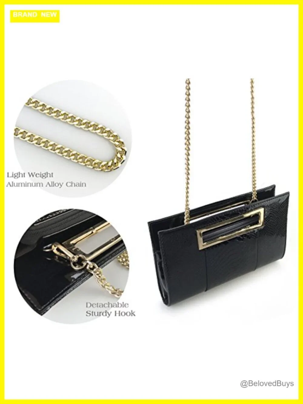 Faux Leather Crocodile Pattern Clutch with Cut-Out Metal Handle and Chain Strap